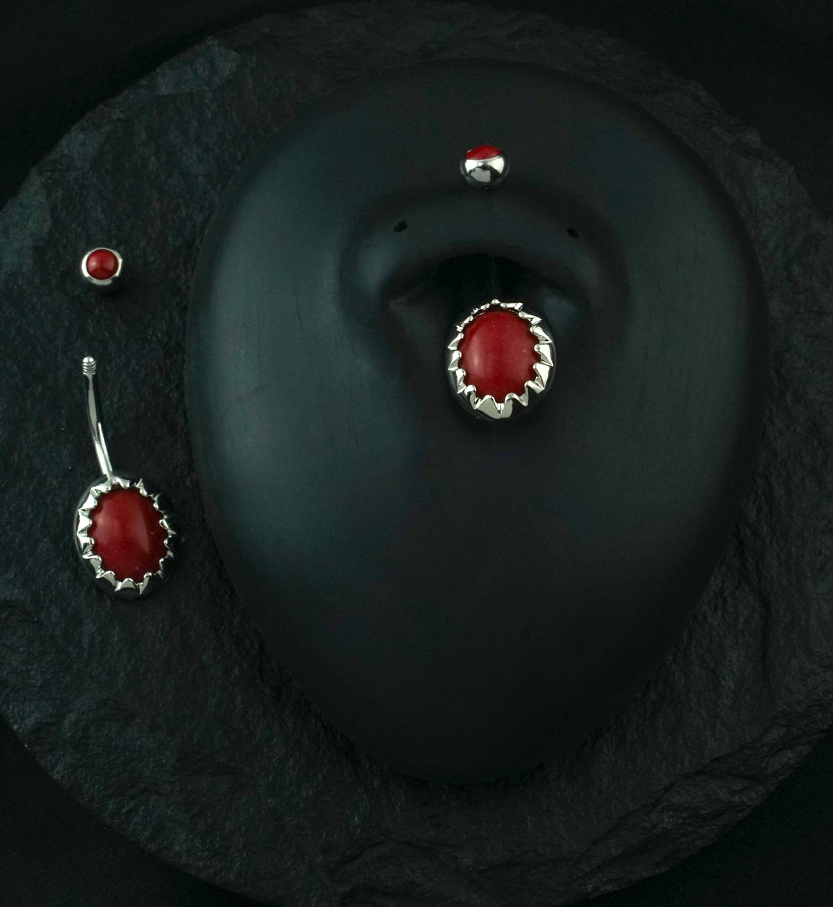Red Coral Cabochon Stone Stainless Steel Belly Button Ring