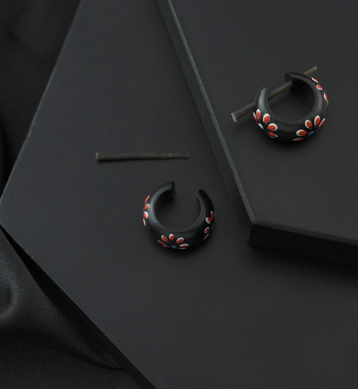 Red Flower Narra Wood Hoop Earrings