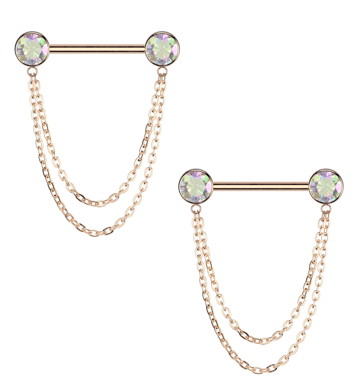 Rose Gold PVD Front Facing Rainbow Aurora CZ Double Dangle Threadless Titanium Nipple Barbell
