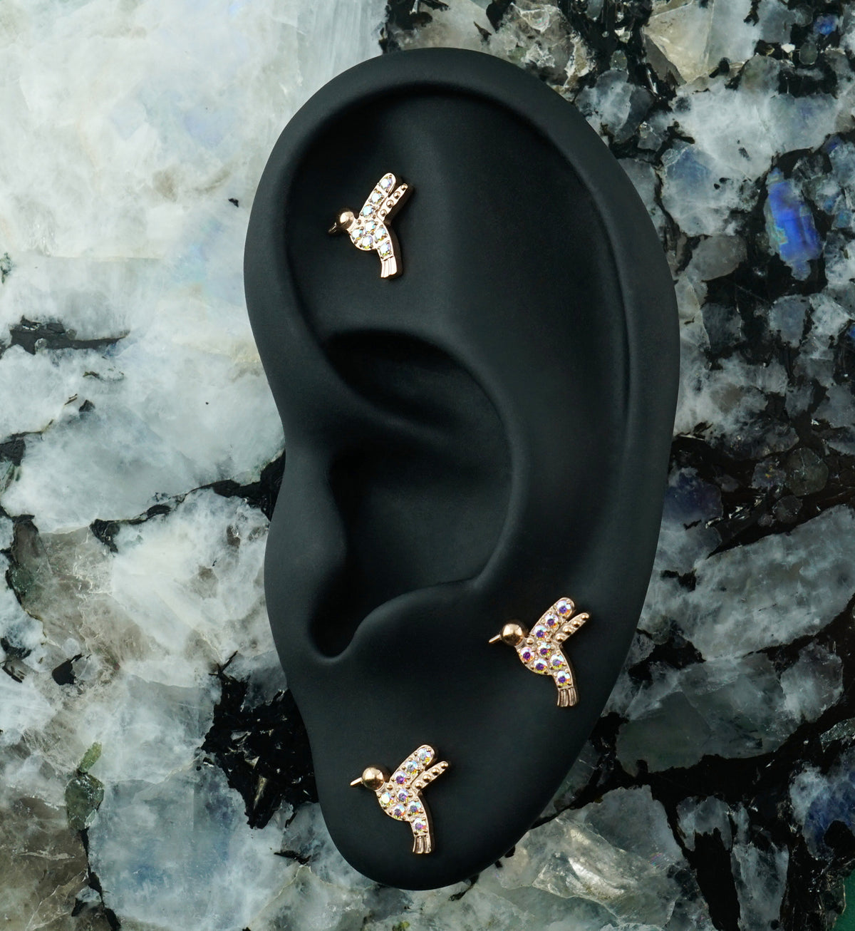 Rose Gold PVD Hummingbird Rainbow Aurora CZ Titanium Threadless Top