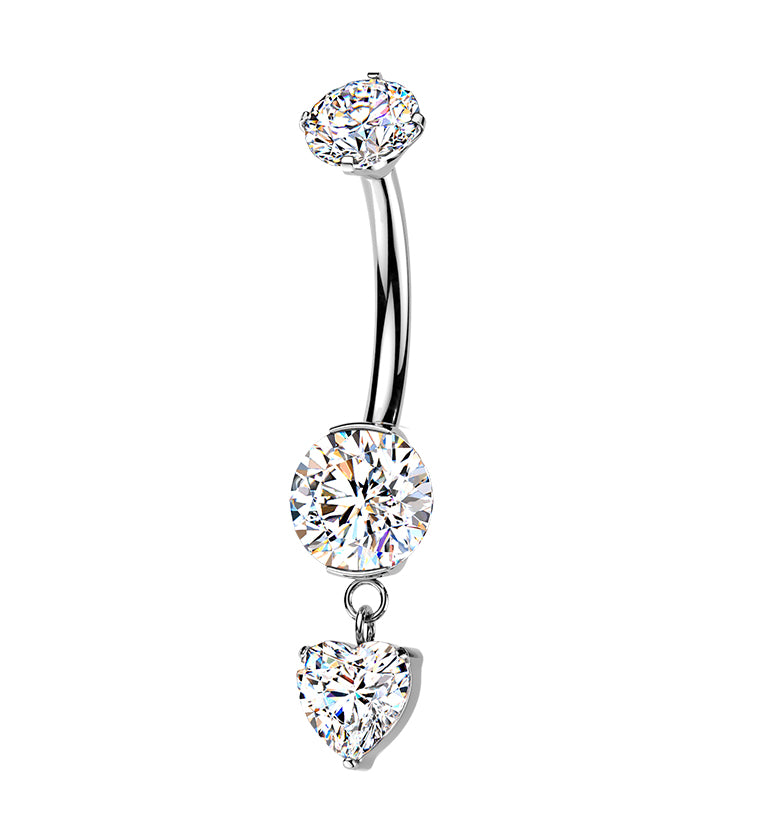 Round Clear CZ Heart Dangle Titanium Internally Threaded Belly Button Ring