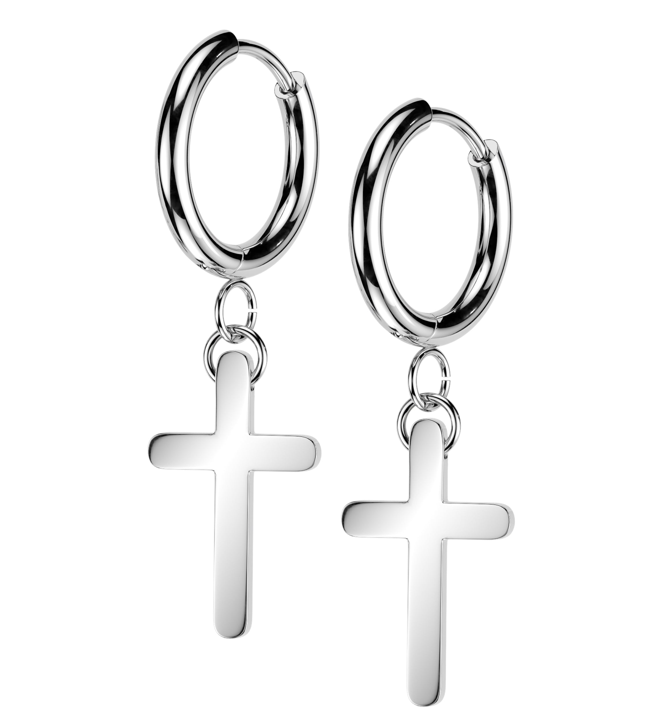 Rounded Cross Stainless Steel Hinged Hoop Huggie Dangle Earrings