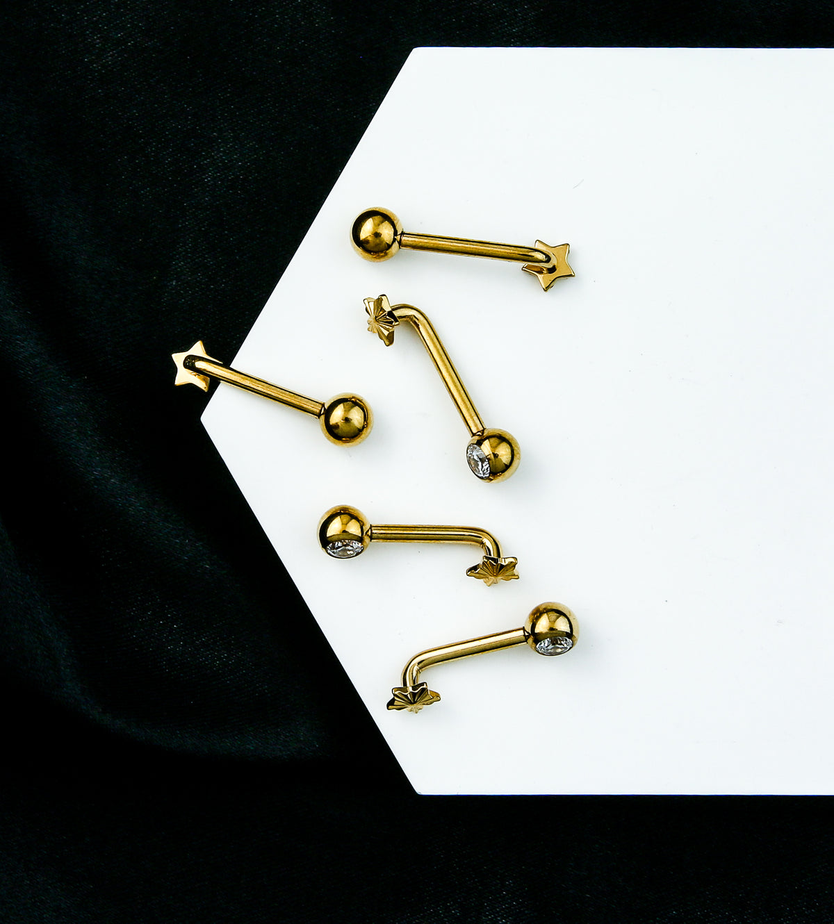 Gold PVD Score Star Clear CZ Vertical Clitoral Hood Internally Threaded Titanium Barbell