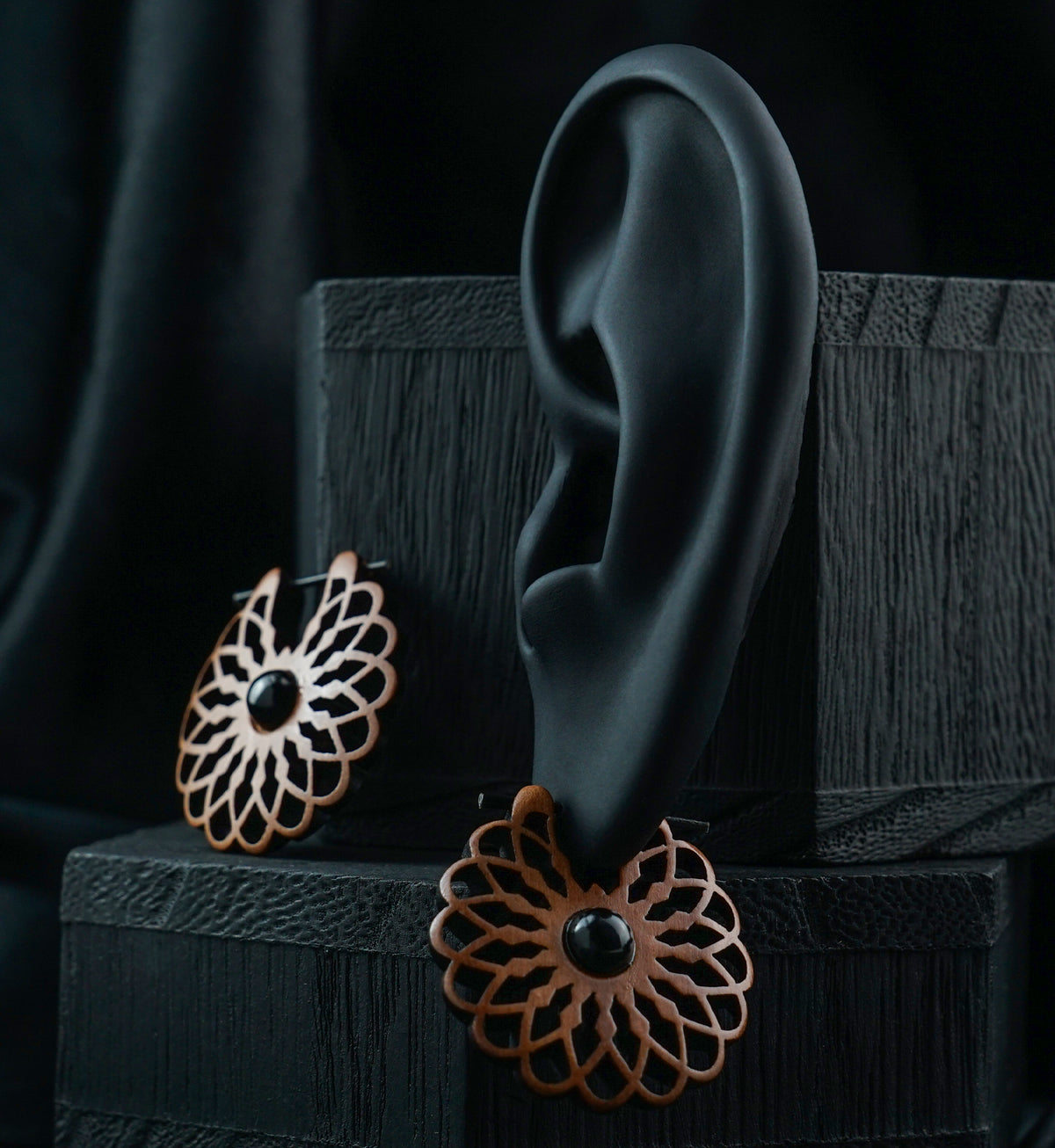 Seed of Life Black Onyx Inlay Sawo Wood Earrings