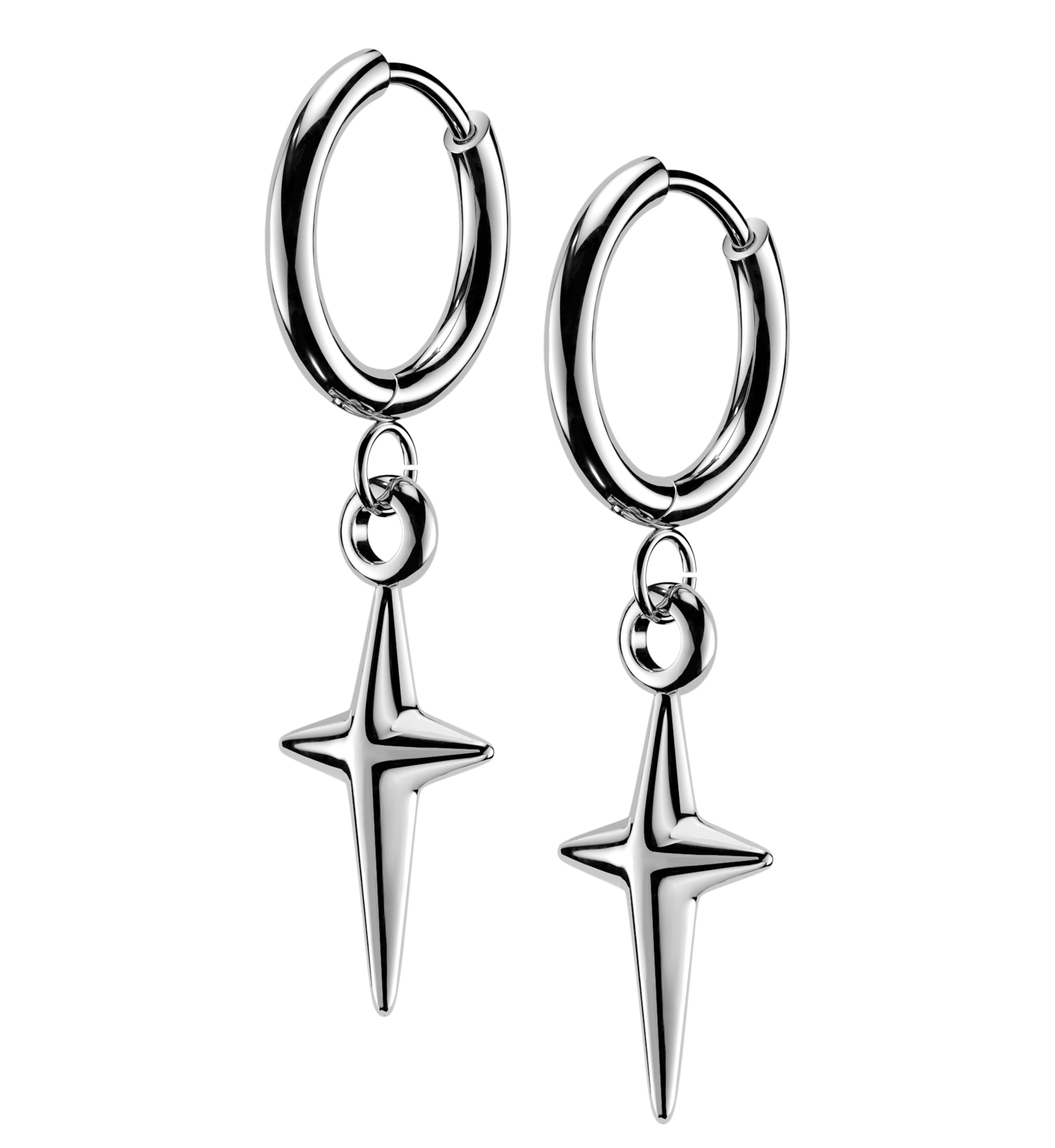 Solid Four Point Star Stainless Steel Hinged Earrings