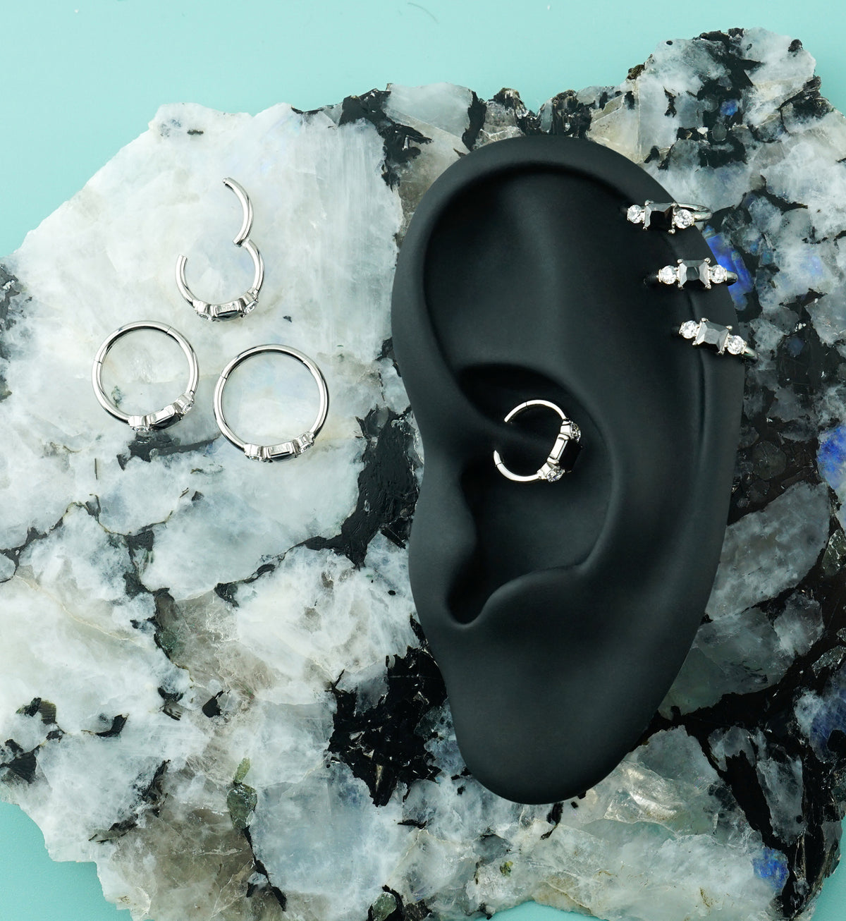 Square And Round Black CZ Titanium Hinged Segment Ring
