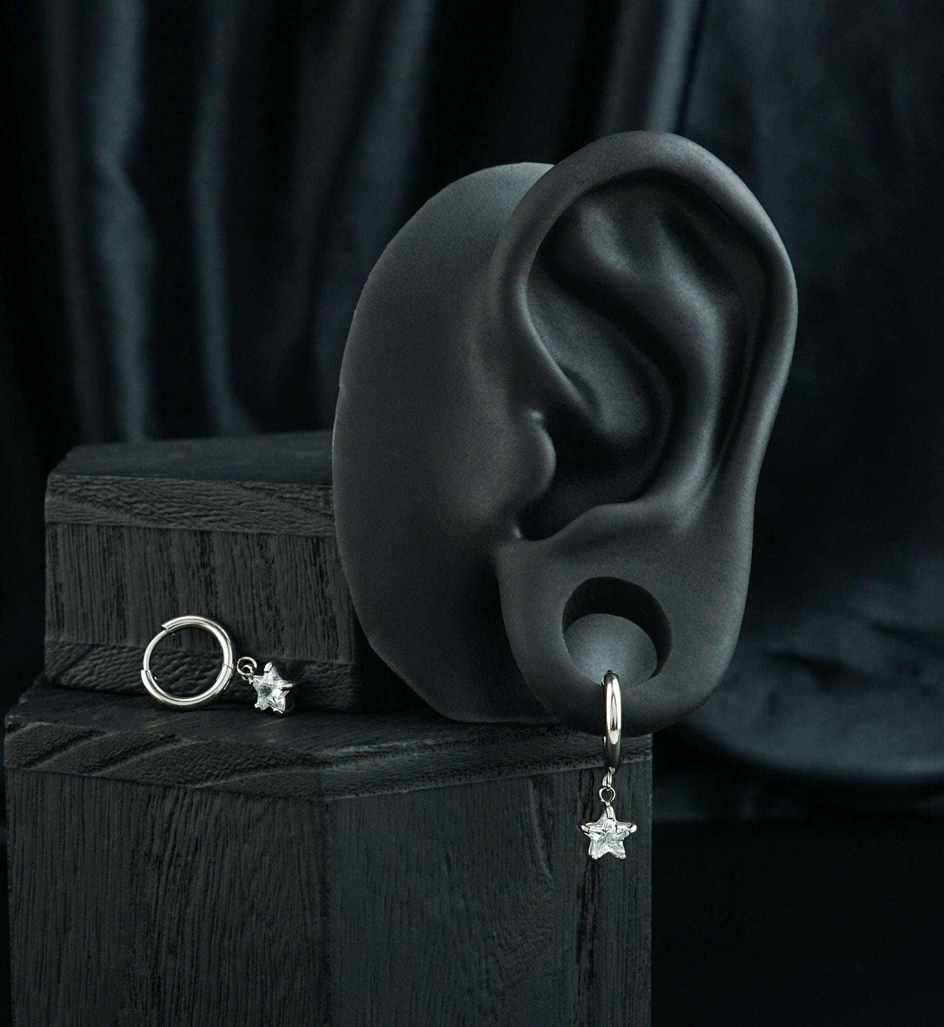 Star CZ Stainless Steel Hinged Hoop Huggie Dangle Earrings