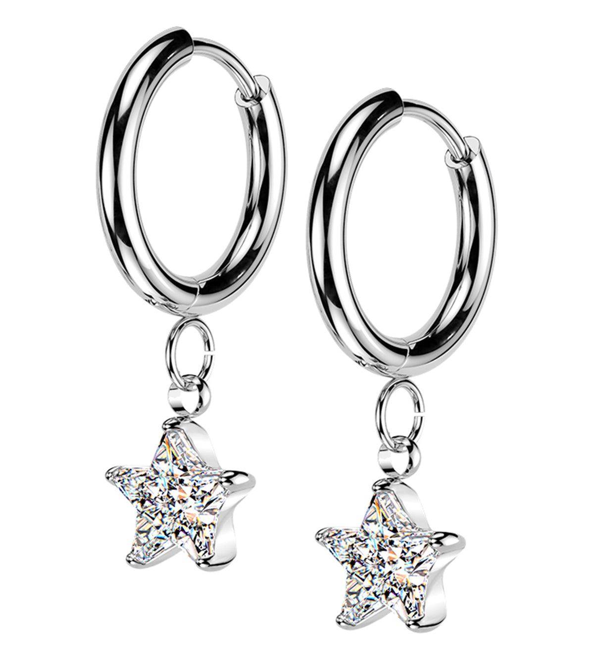 Star CZ Stainless Steel Hinged Hoop Huggie Dangle Earrings