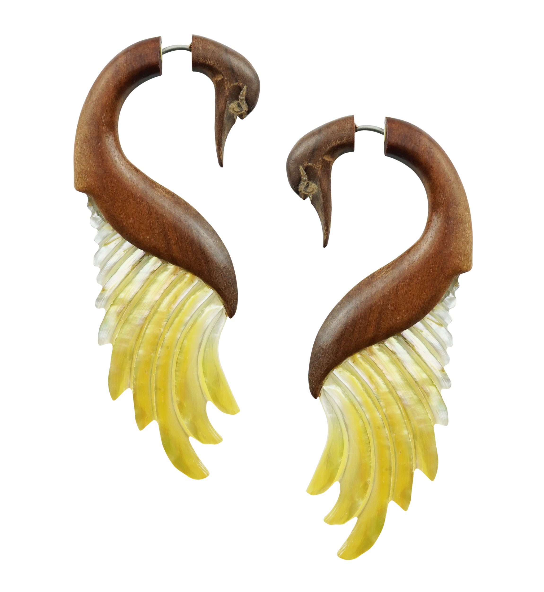 Swan Mother Of Pearl & Wood Hanging Fake Gauges Earrings