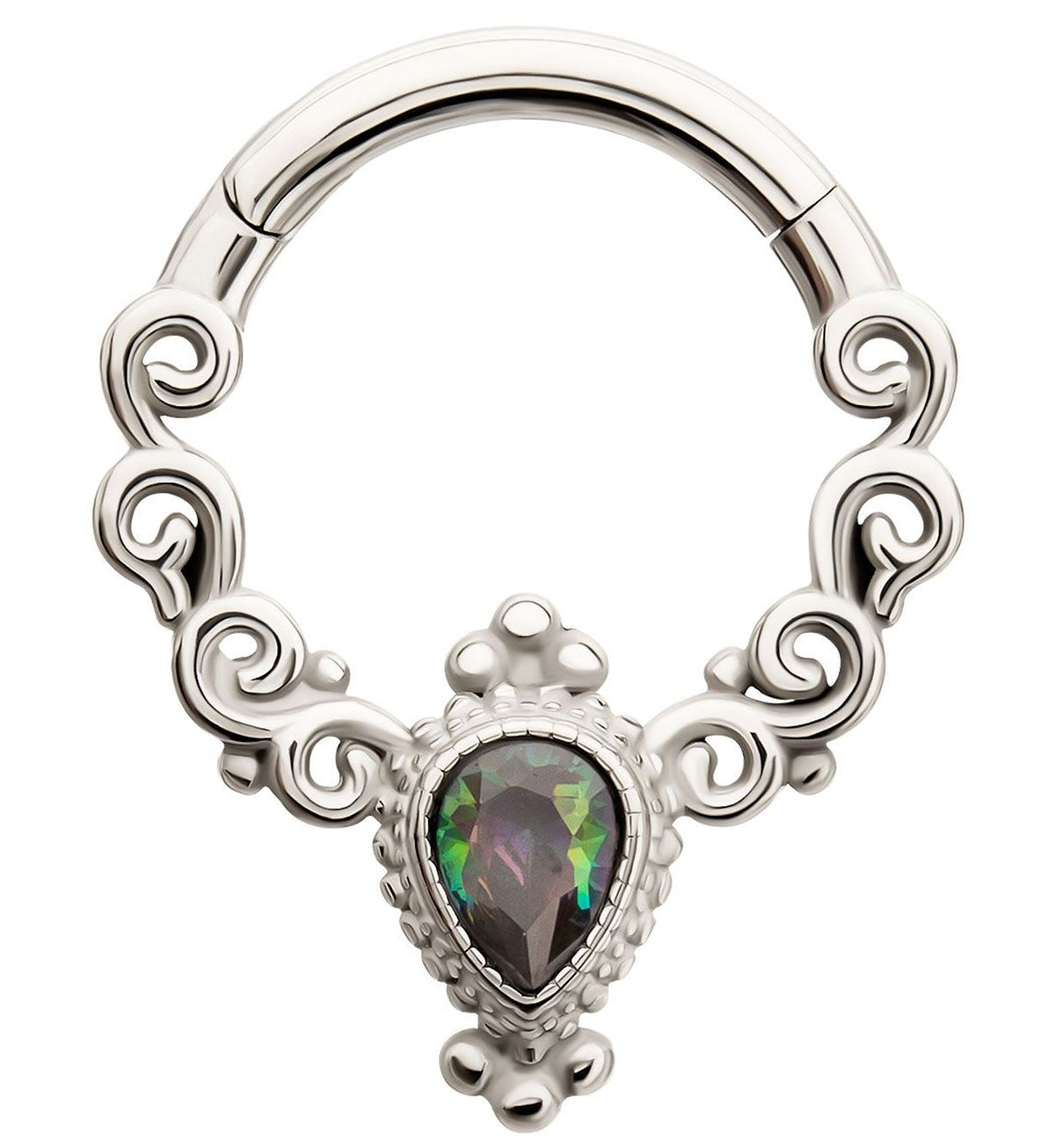 Swirl Purple Aurora Teardrop CZ Stainless Steel Hinged Segment Ring