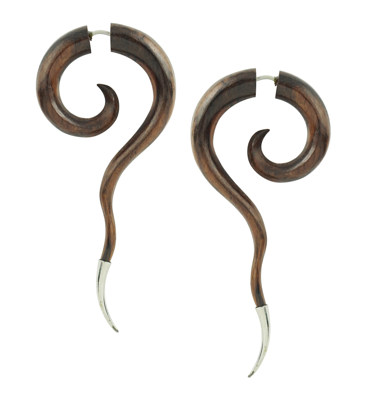 Swirly Tail Spiral Brass Tip Wooden Fake Gauges Earrings