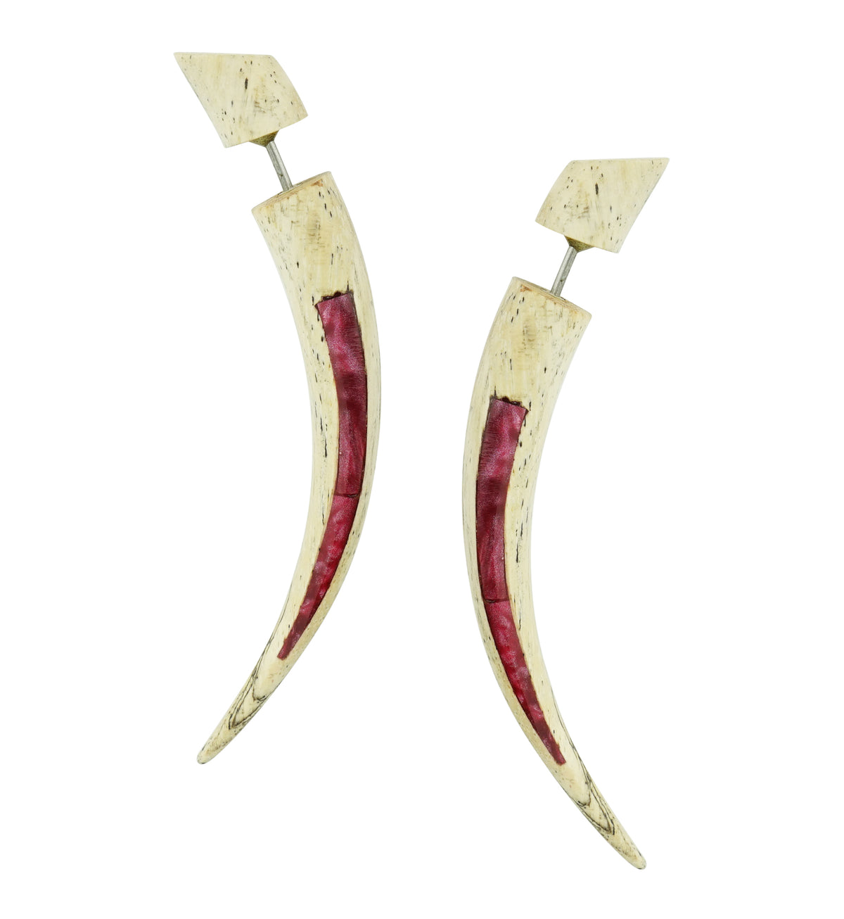 Tamarind Wooden Taper with Magenta Resin Inlay Fake Gauges Earrings