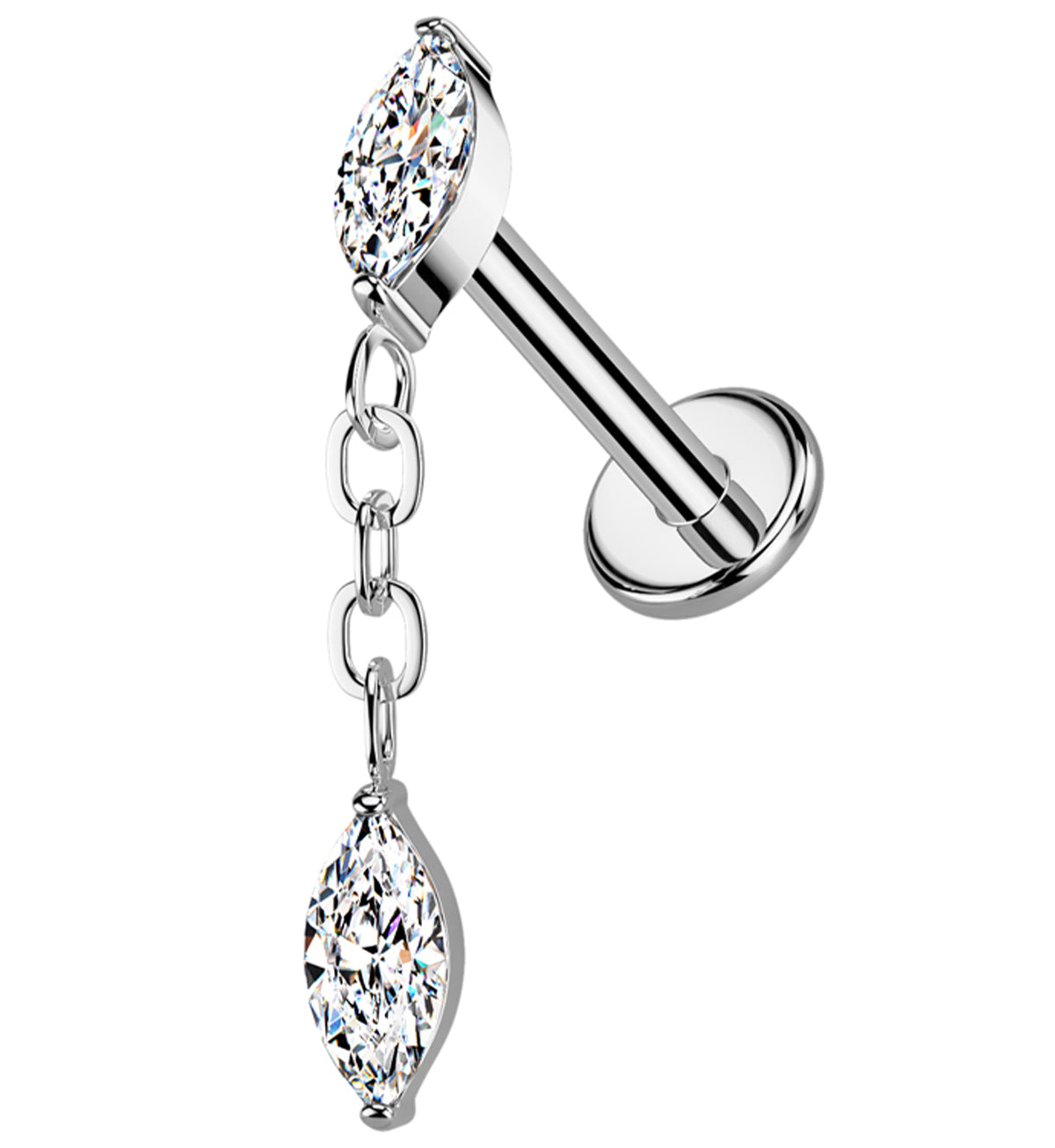 Teardrop Chain Link Dangle Clear CZ Internally Threaded Titanium Labret