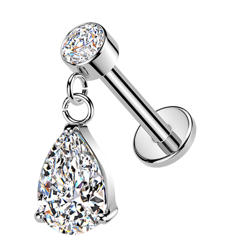 Teardrop CZ Dangle Internally Threaded Stainless Steel Labret