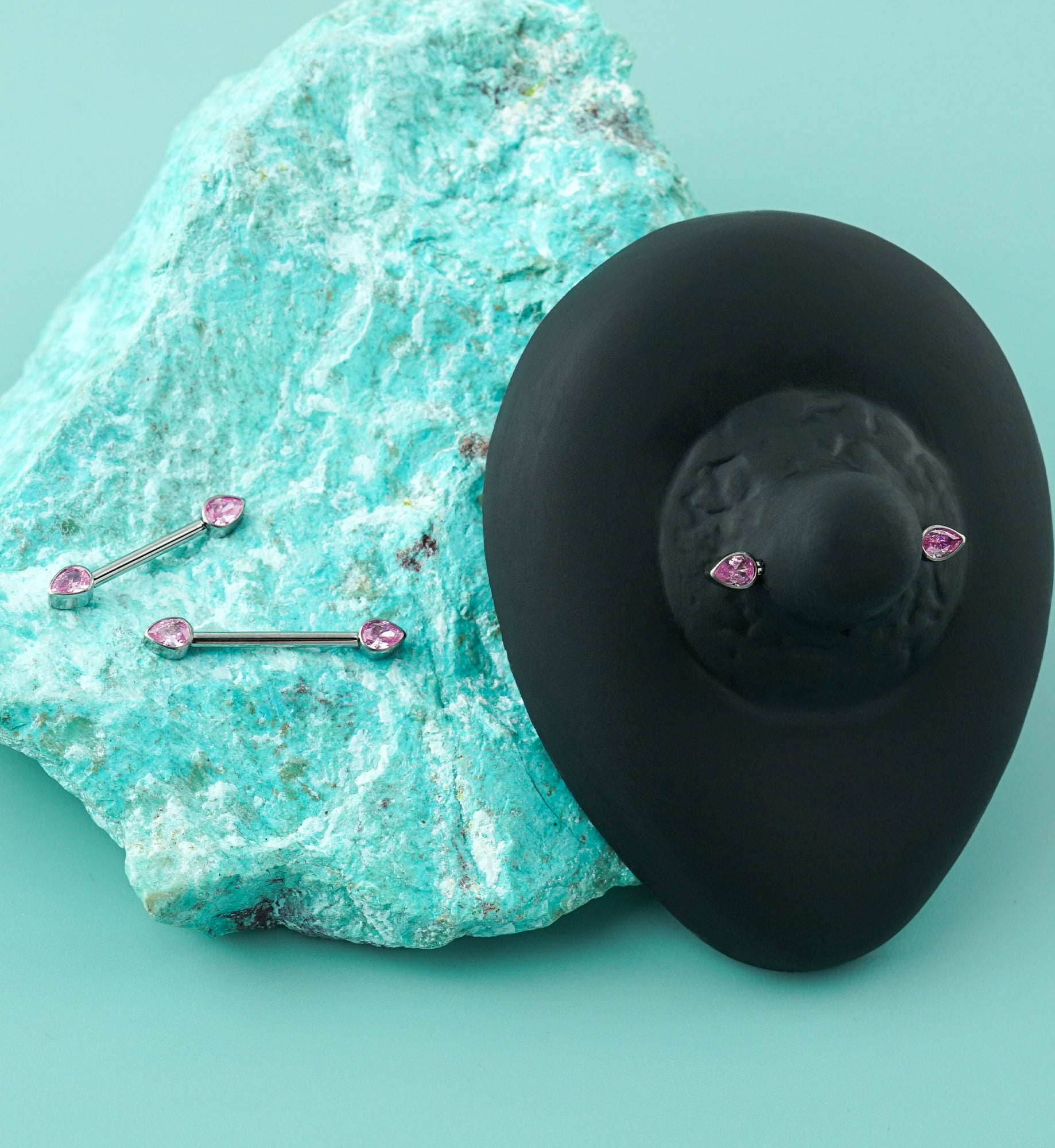 Teardrop Pink CZ Titanium Internally Threaded Nipple Ring Barbell