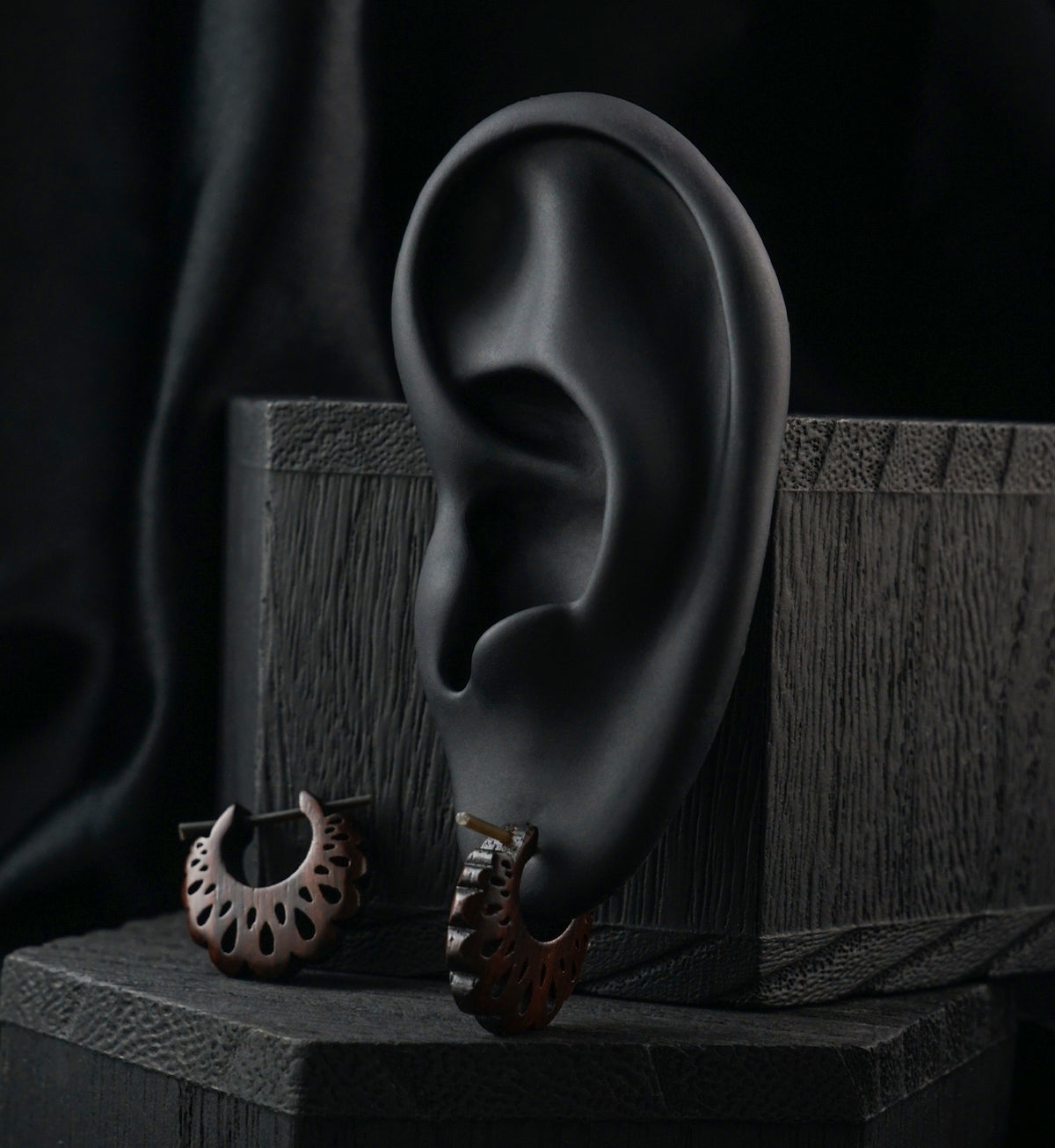 Teardrop Scallop Hoop Narra Wood Earrings