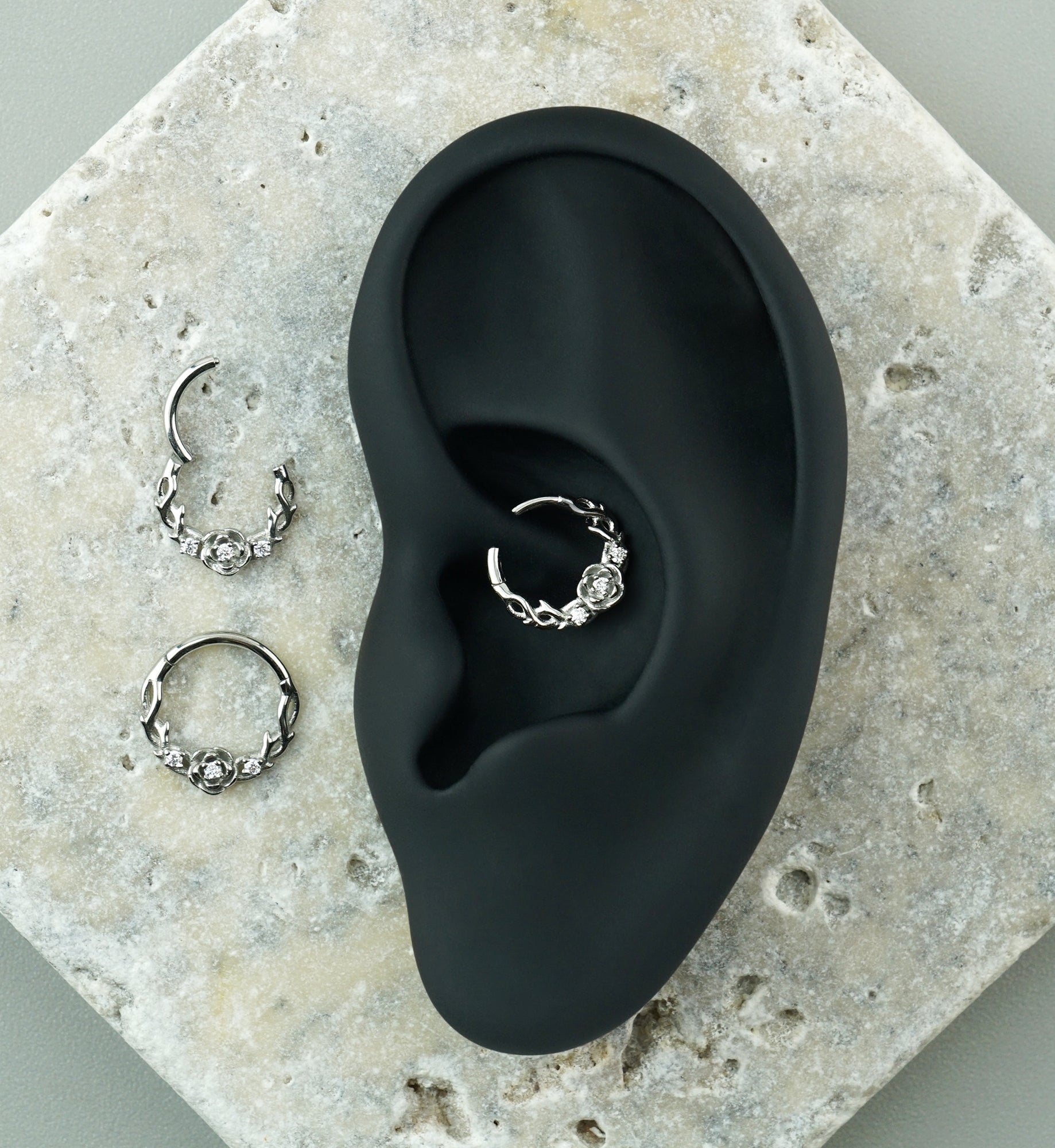 Thorned Rose CZ Stainless Steel Hinged Segment Ring