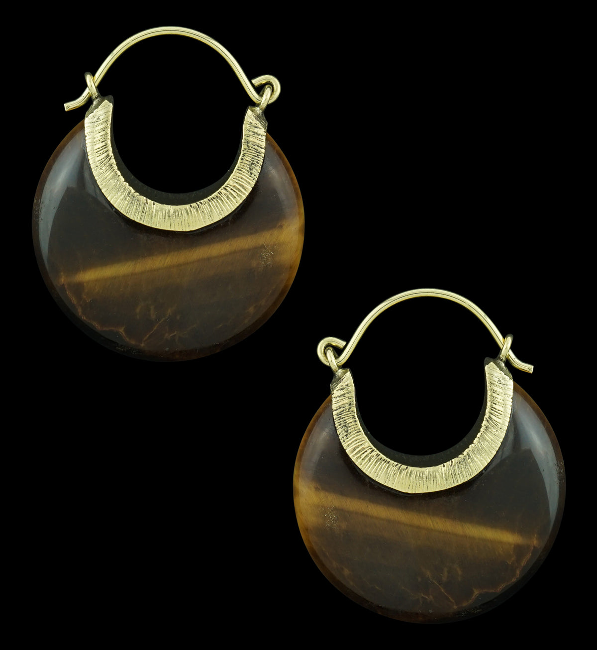 Tiger Eye Textured Brass Stone Earrings