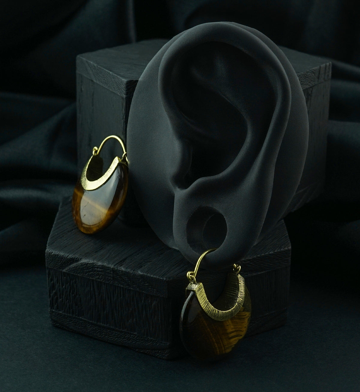 Tiger Eye Textured Brass Stone Earrings