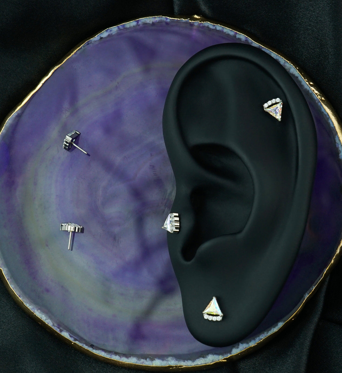 Triangle Slice Rainbow Aurora CZ Titanium Threadless Top