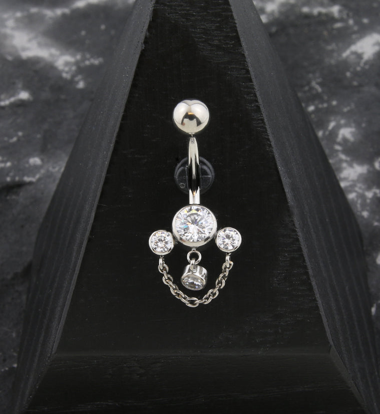 Trifecta Clear CZ Dangle Chain Internally Threaded Titanium Belly Button Ring