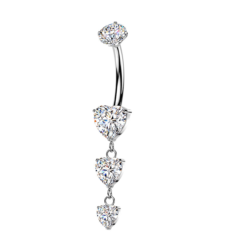 Triple Heart Clear CZ Dangle Titanium Internally Threaded Belly Button Ring
