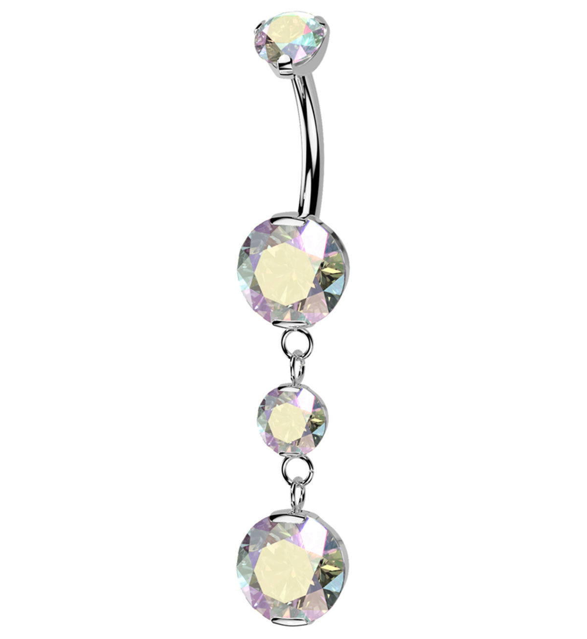 Triple Prong Rainbow Aurora CZ Dangle Titanium Internally Threaded Belly Button Ring