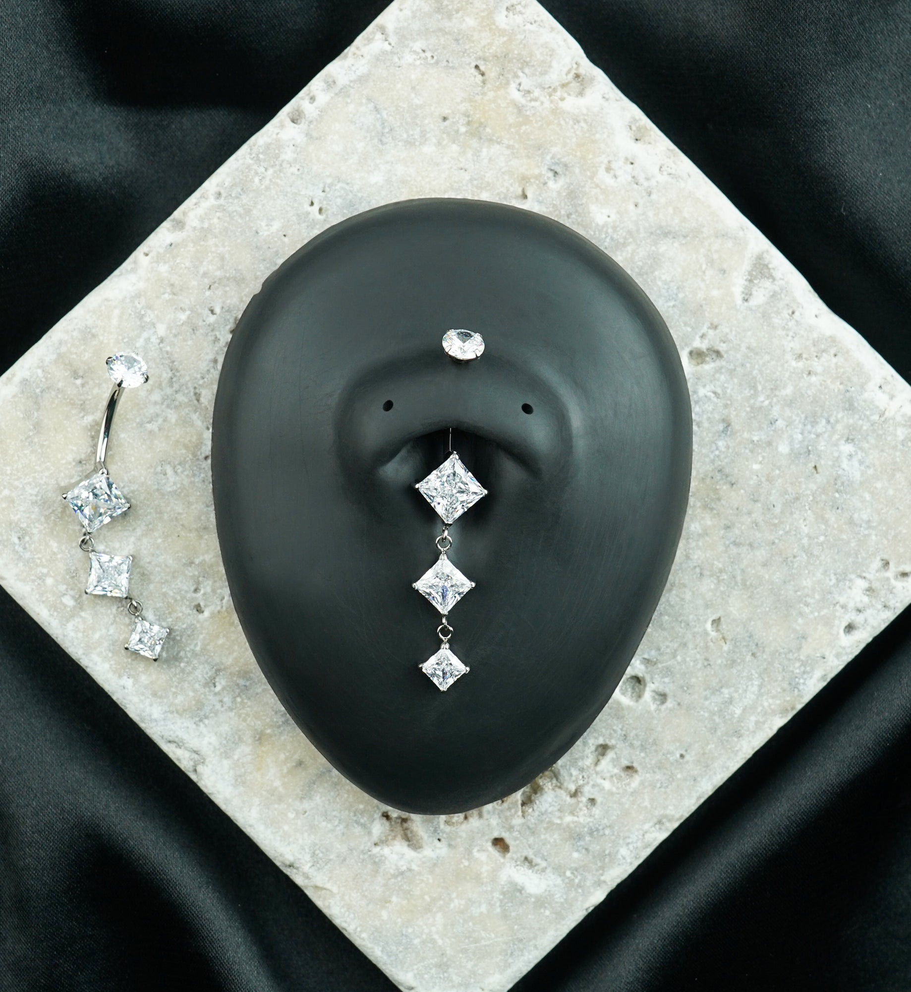 Triple Rhombus Clear CZ Dangle Titanium Internally Threaded Belly Button Ring