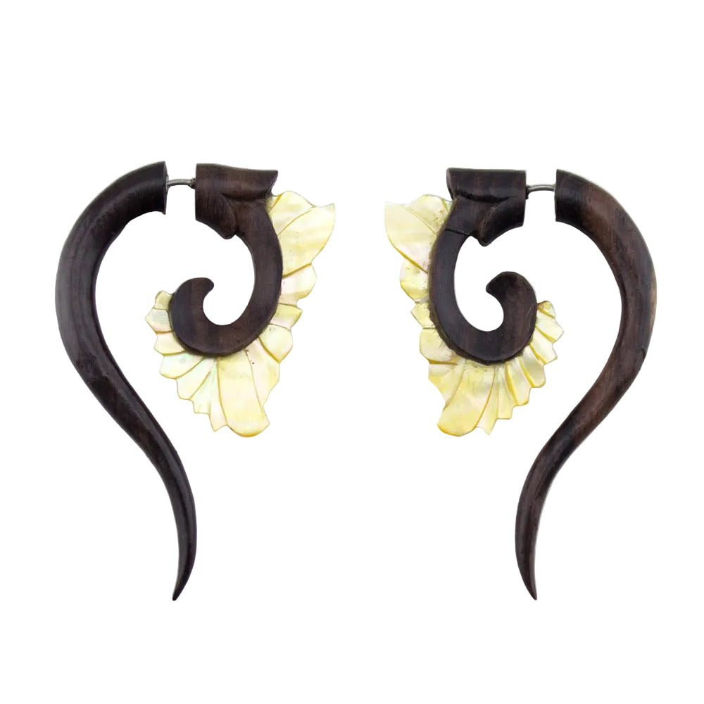 Wooden & Mother Of Pearl Tail Swirl Hangers / Fake Gauges Earrings