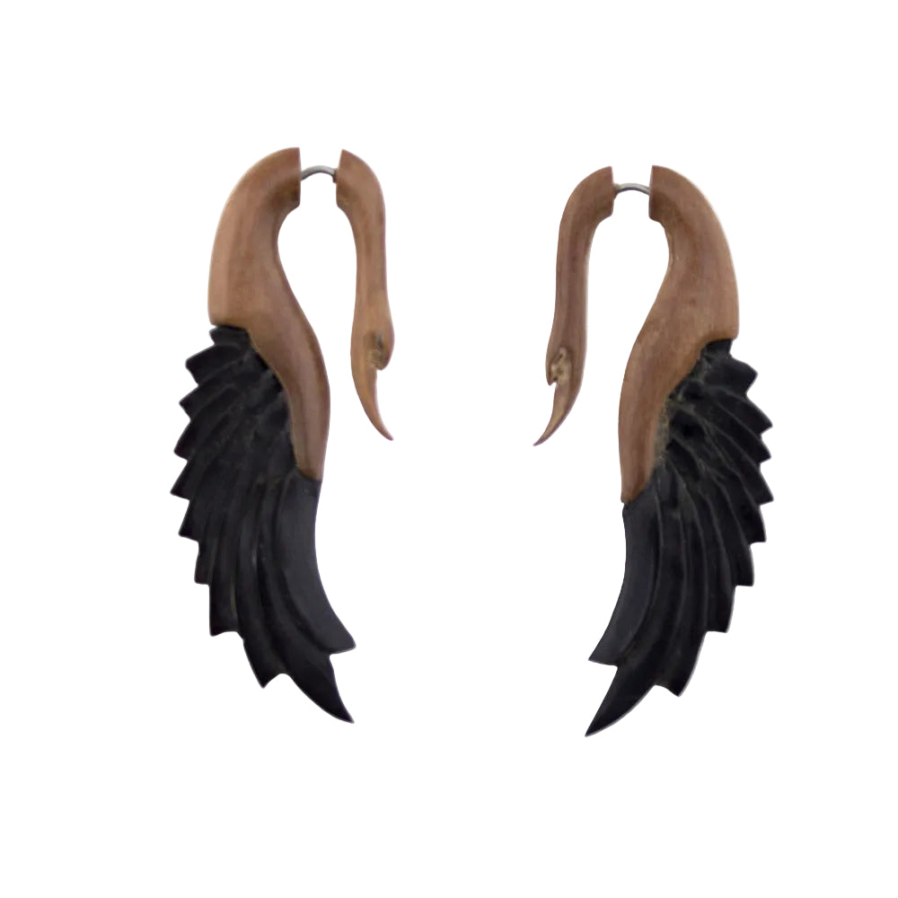 Saba Wood & Arang Wood Skinny Swan Hangers / Fake Gauges Earrings