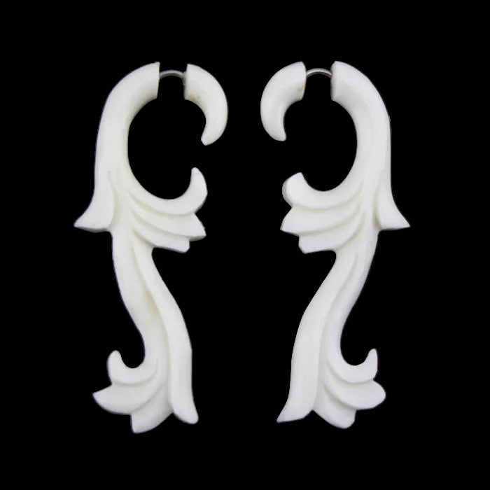 White Bone Lasting Filigree Organic Fake Gauges Earrings