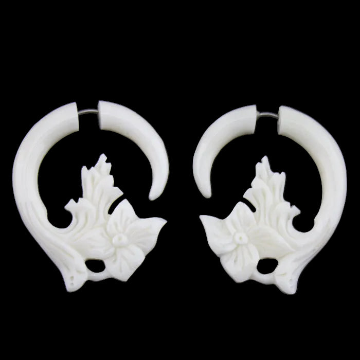 White Bone Flower Splash Spiral Fake Gauges Earrings