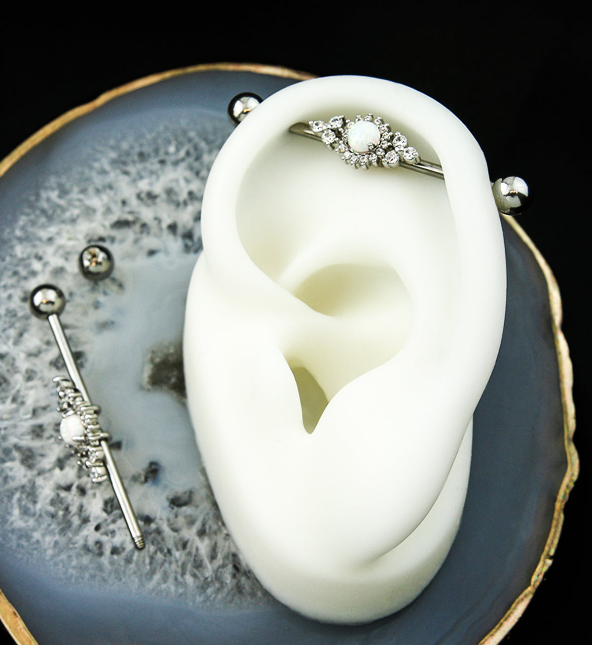 White Opalite Triple Clear CZ Cluster Stainless Steel Industrial Barbell