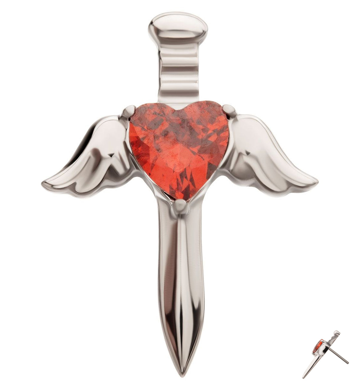 Winged Dagger Red Heart CZ Titanium Threadless Top