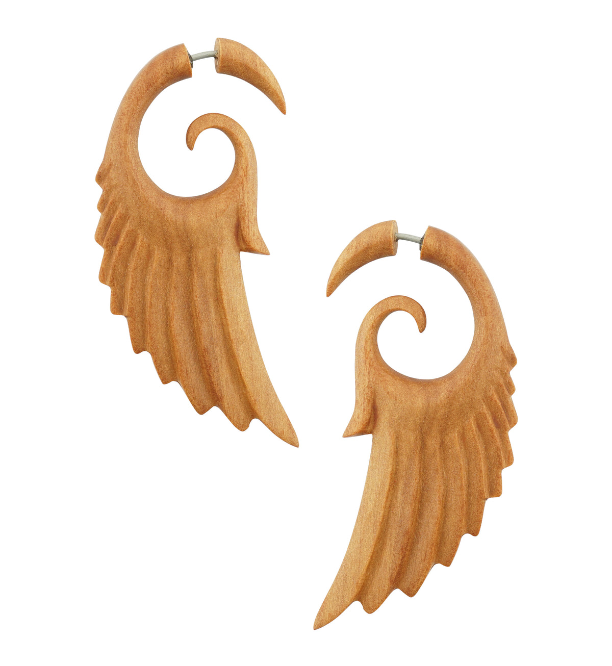 Wooden Angel Wing Fake Gauge Spiral Tribal Earrings (19G - 0.9mm)