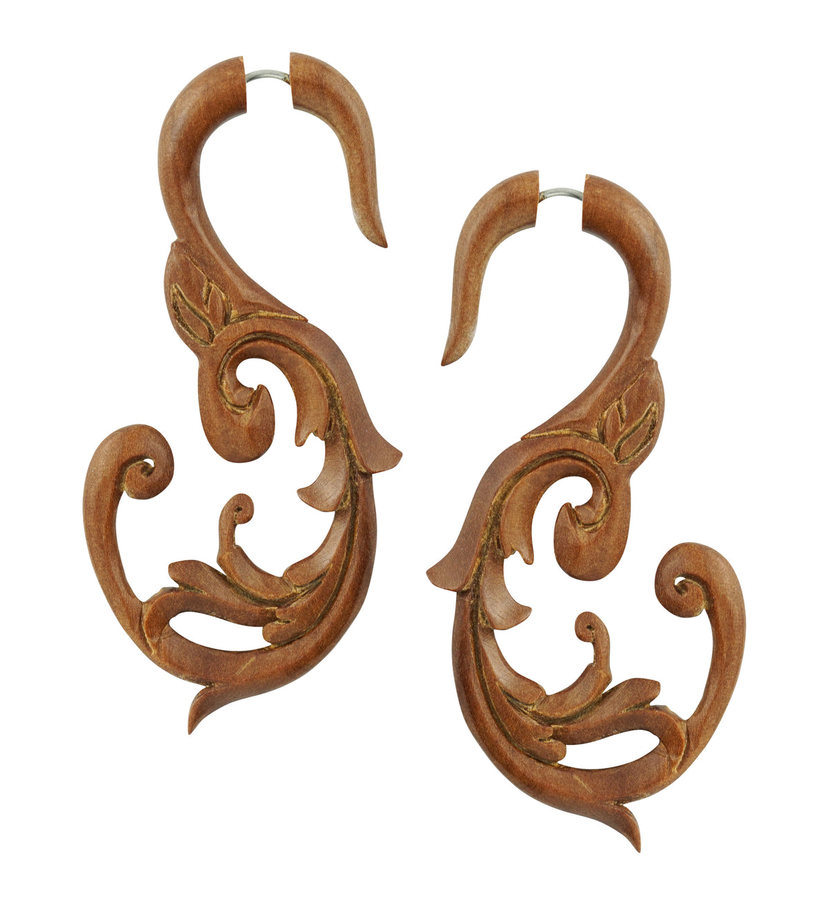 Wooden Nakoda Swirl Hanging Fake Gauge Earrings