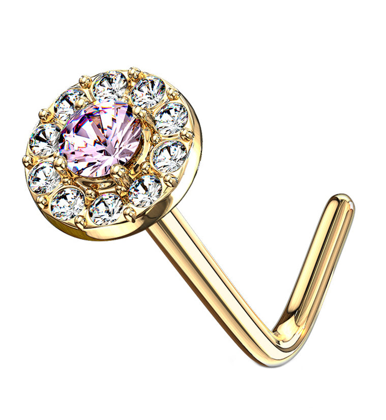 14kt Gold Disk w Clear CZ L Bend Nose Ring