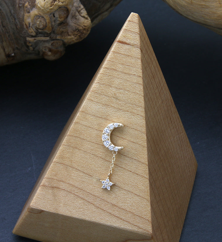 14kt Gold Crescent Moon CZ Dangle Star Threadless Top