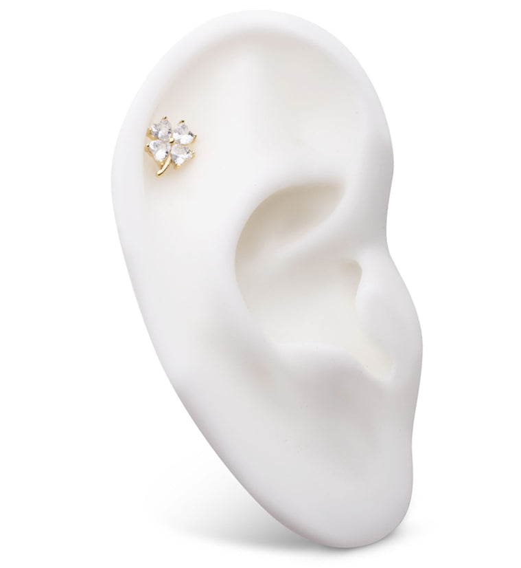 14kt Gold Four Leaf Clover Clear CZ Threadless Top