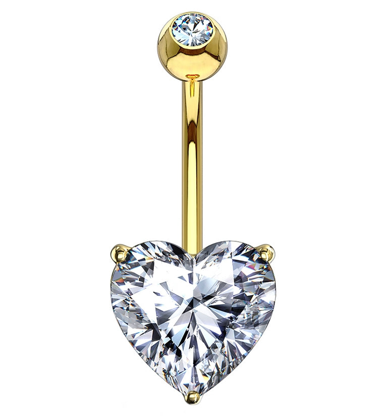 14kt Gold Prong Heart CZ Belly Button Ring