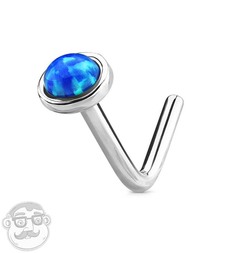 20G 14kt Gold L Shaped Blue Opal Top Nose Ring