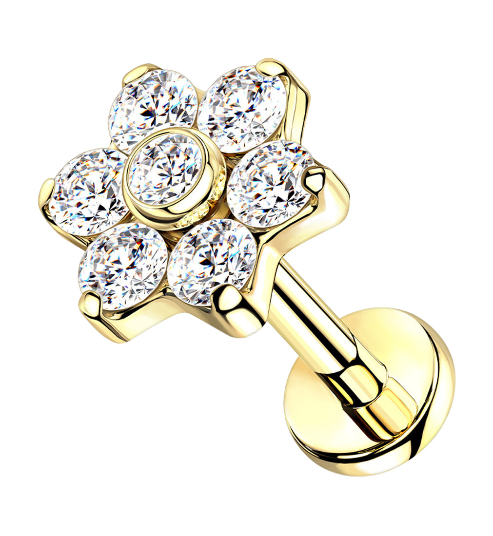 16G Gold PVD CZ Flower Titanium Labret Post