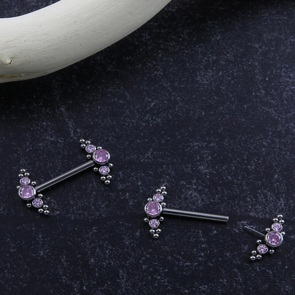 14G Beaded Pink CZ Titanium Threadless Nipple Ring Barbells