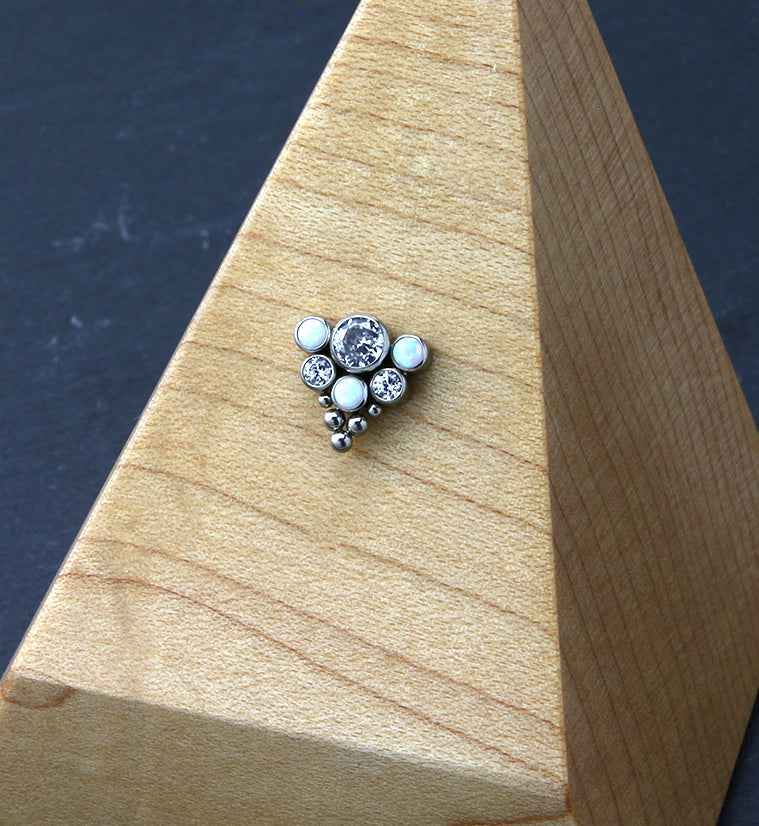 Beaded Hexad White Opalite and Clear CZ Threadless Titanium Top