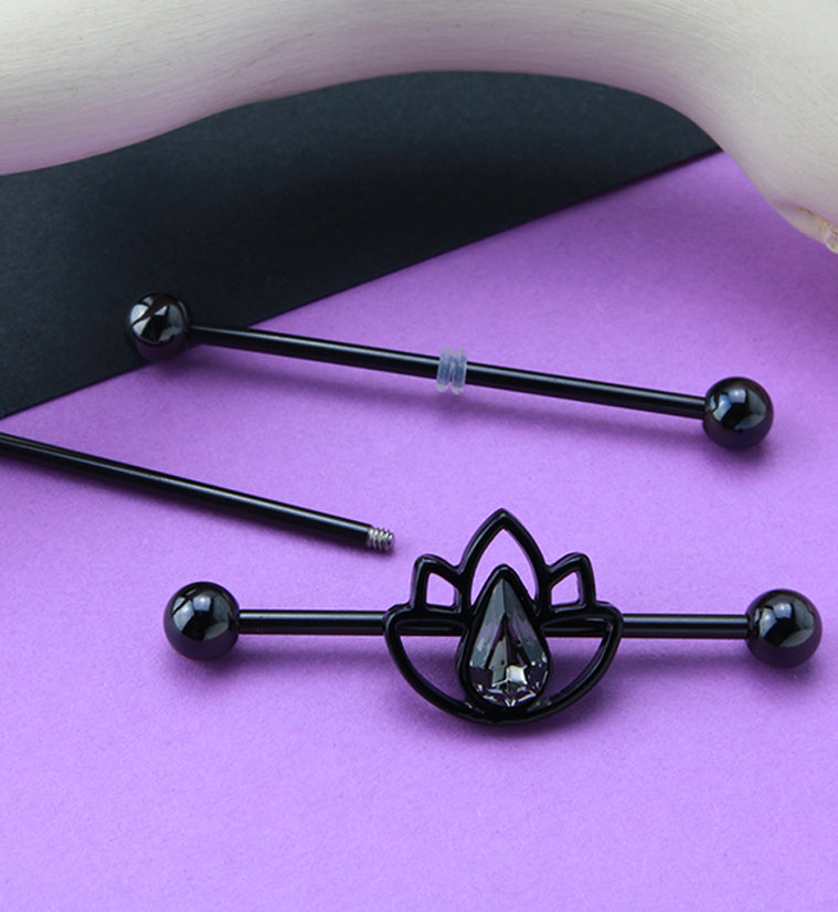 Black Lotus CZ Stainless Steel Industrial Barbell