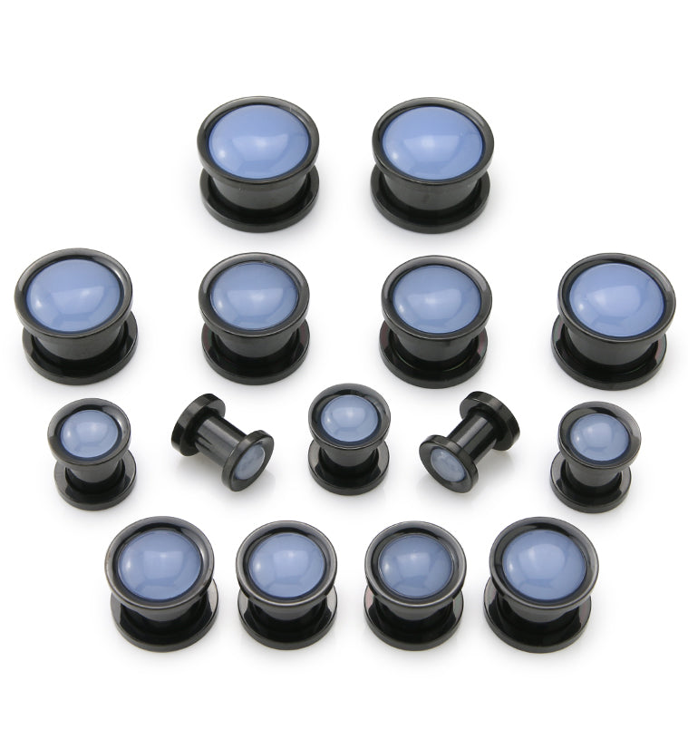 Black PVD Light Blue Jade Stone Stainless Steel Screw Back Tunnel Plugs