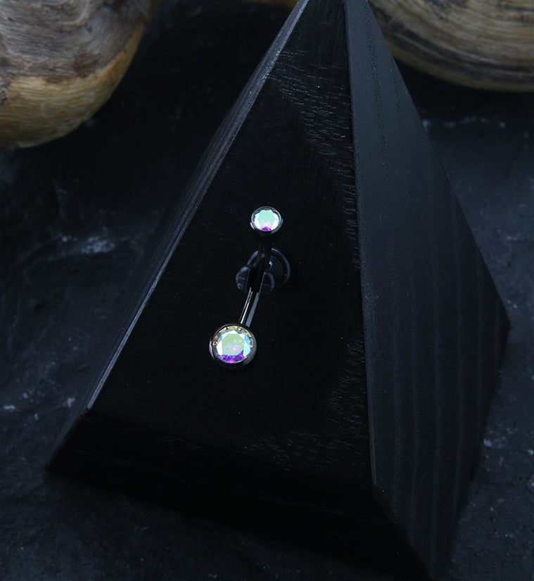Black PVD Bezel Rainbow Aurora CZ Internally Threaded Titanium Belly Button Ring