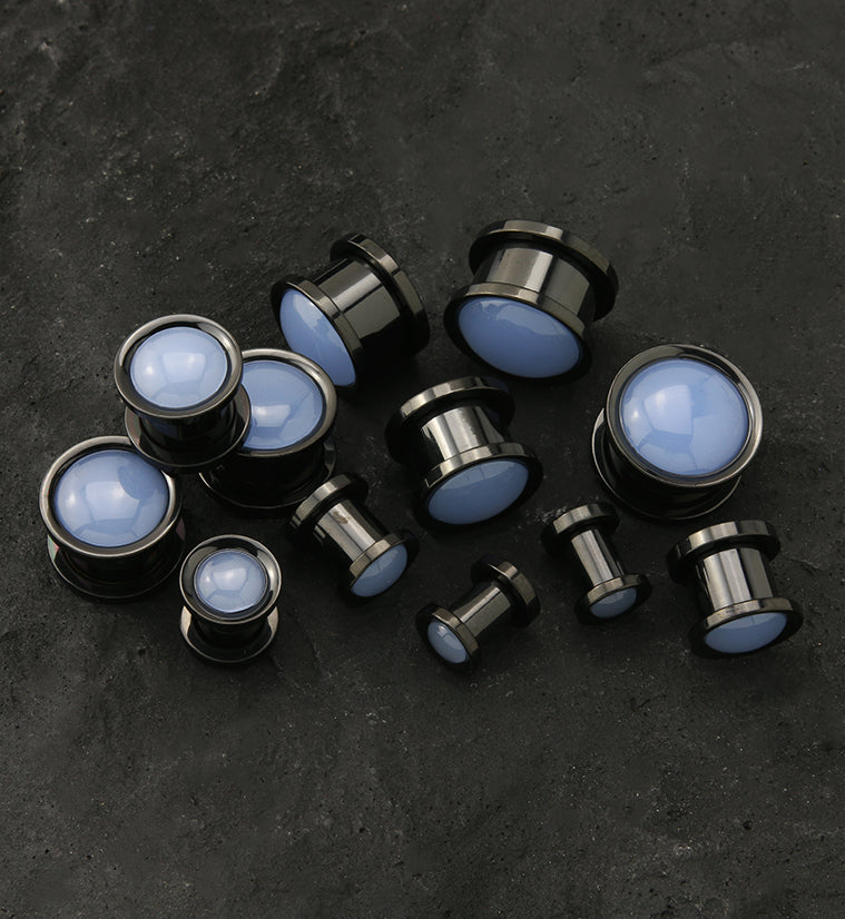 Black PVD Light Blue Jade Stone Stainless Steel Screw Back Tunnel Plugs