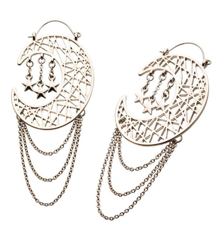 20G Crescent Moon & Stars Chained Plug Hoops
