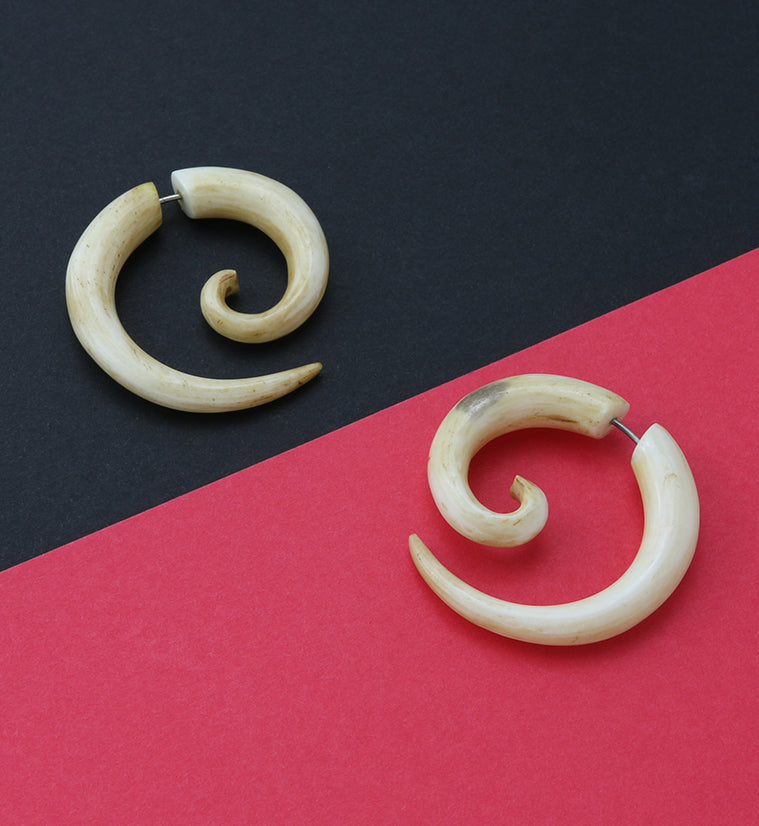 Cow Bone Fake Gauge Spiral Tribal Earrings